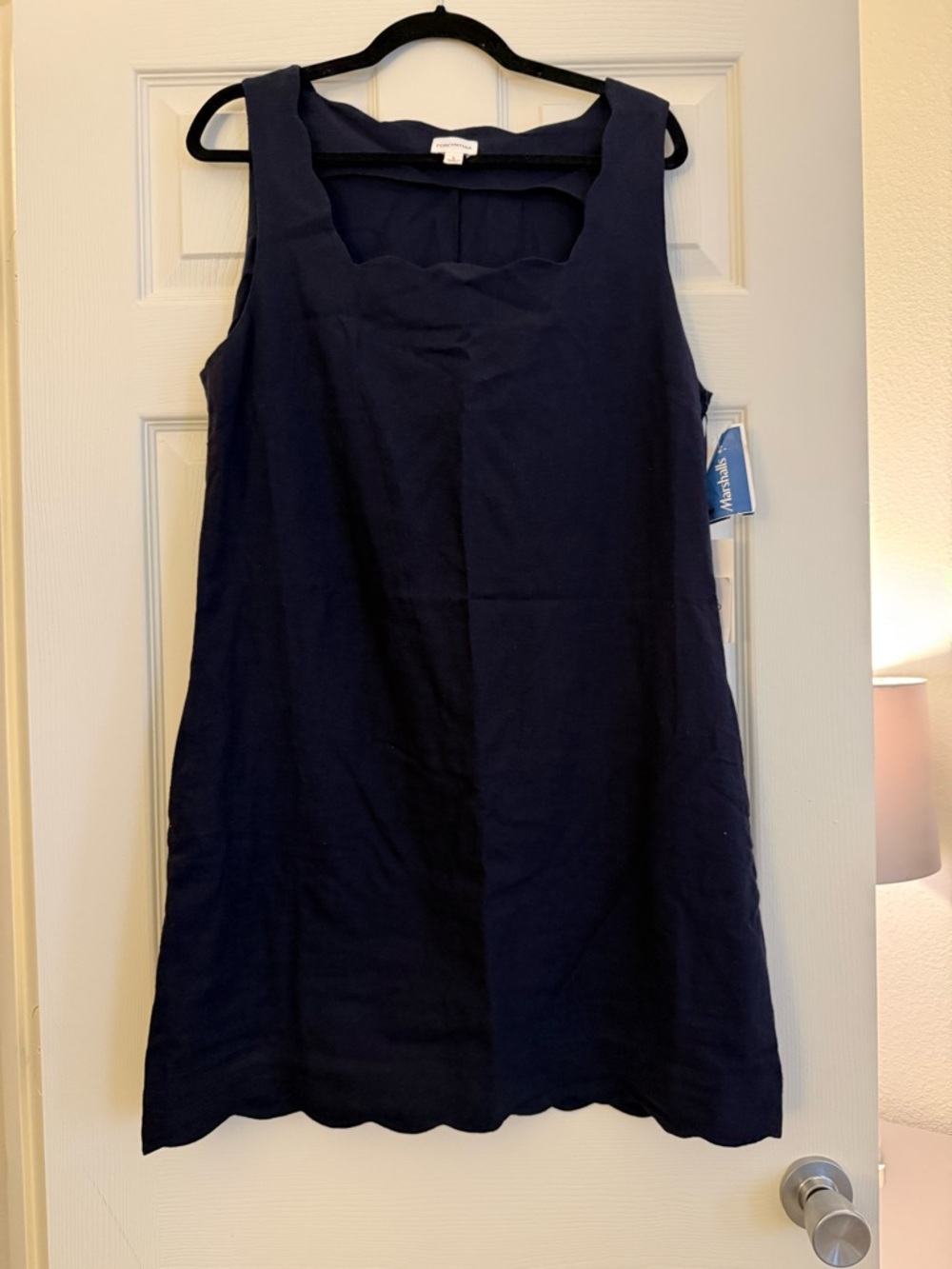 Sleeveless Navy Blue Linen dress 35 in long with scalloped neck line and bottom.